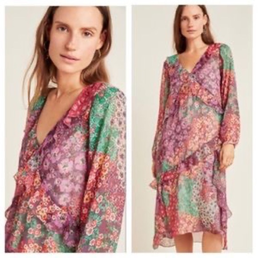 Anthropologie Maeve Floral Midi Dress with Ruffles & Long Sleeves